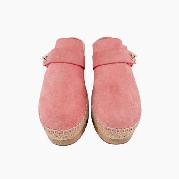 Chanel Turnlock CC Clog Mules Size 37 US 6-6.5 Pink Suede Espadrille Block Heel - Picture 2 of 15